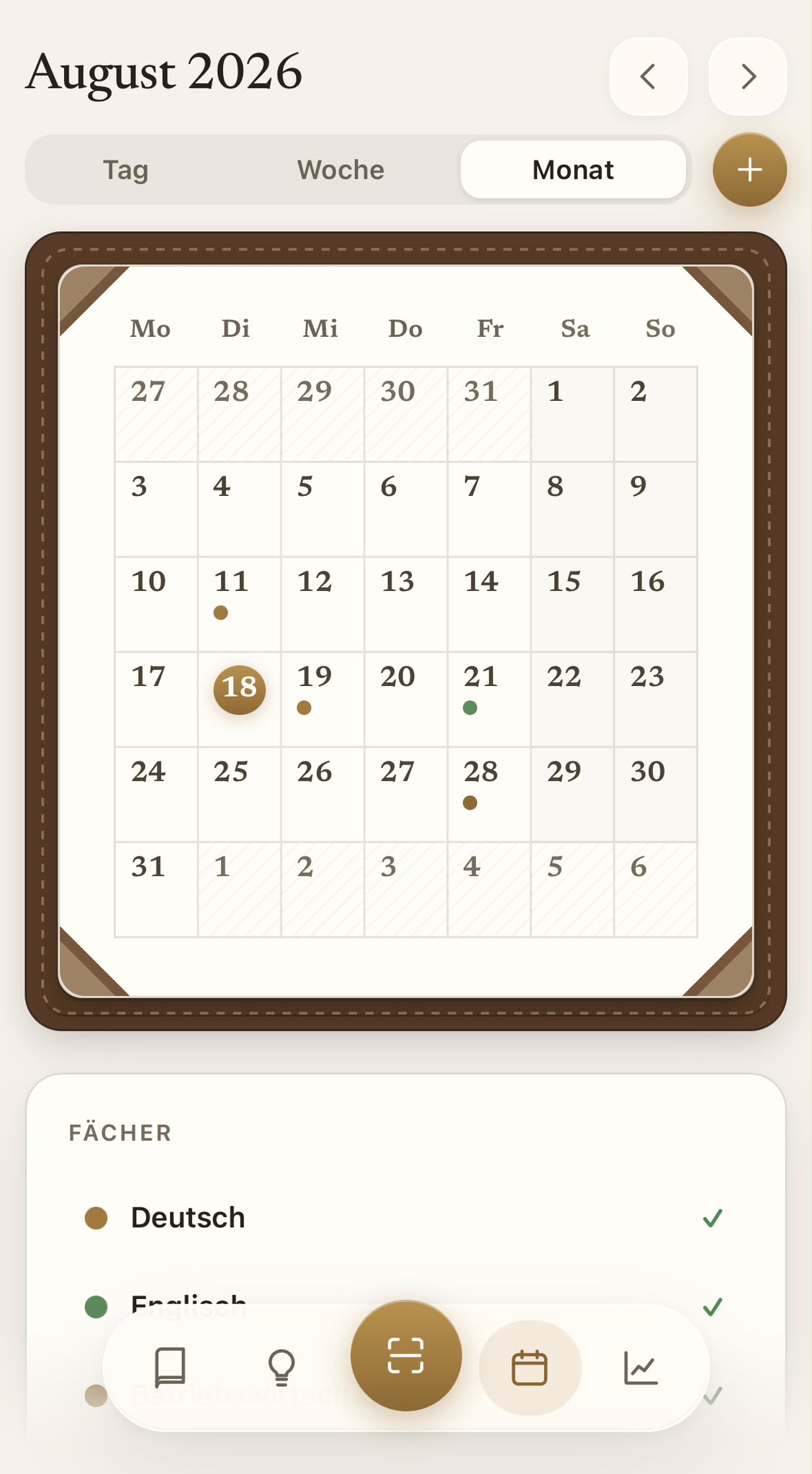 Kalender am Handy: Monatsraster mit Punkten, unten die Tab-Leiste mit Scan-Knopf