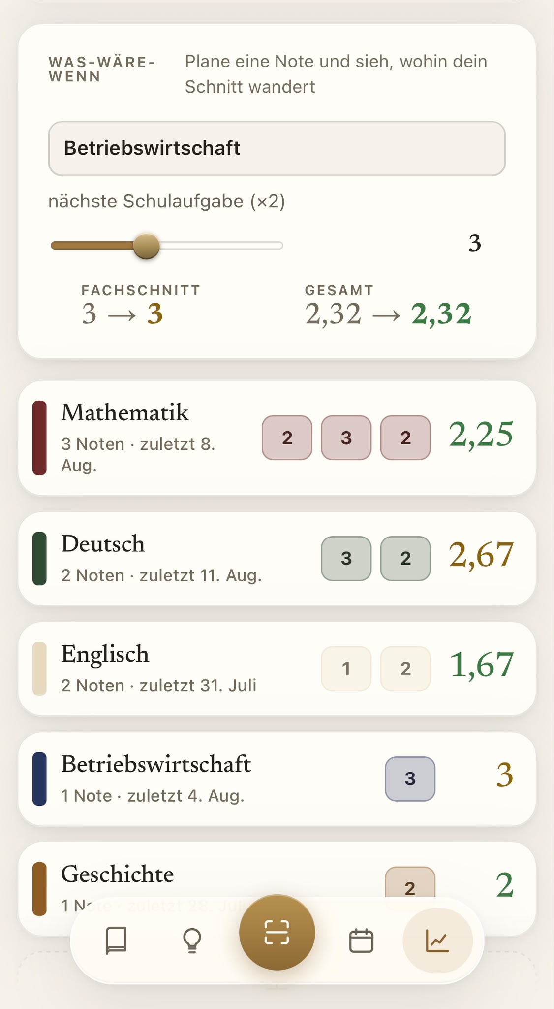Noten am Handy: Fachkarten mit Notenquadraten und Was-wäre-wenn-Regler