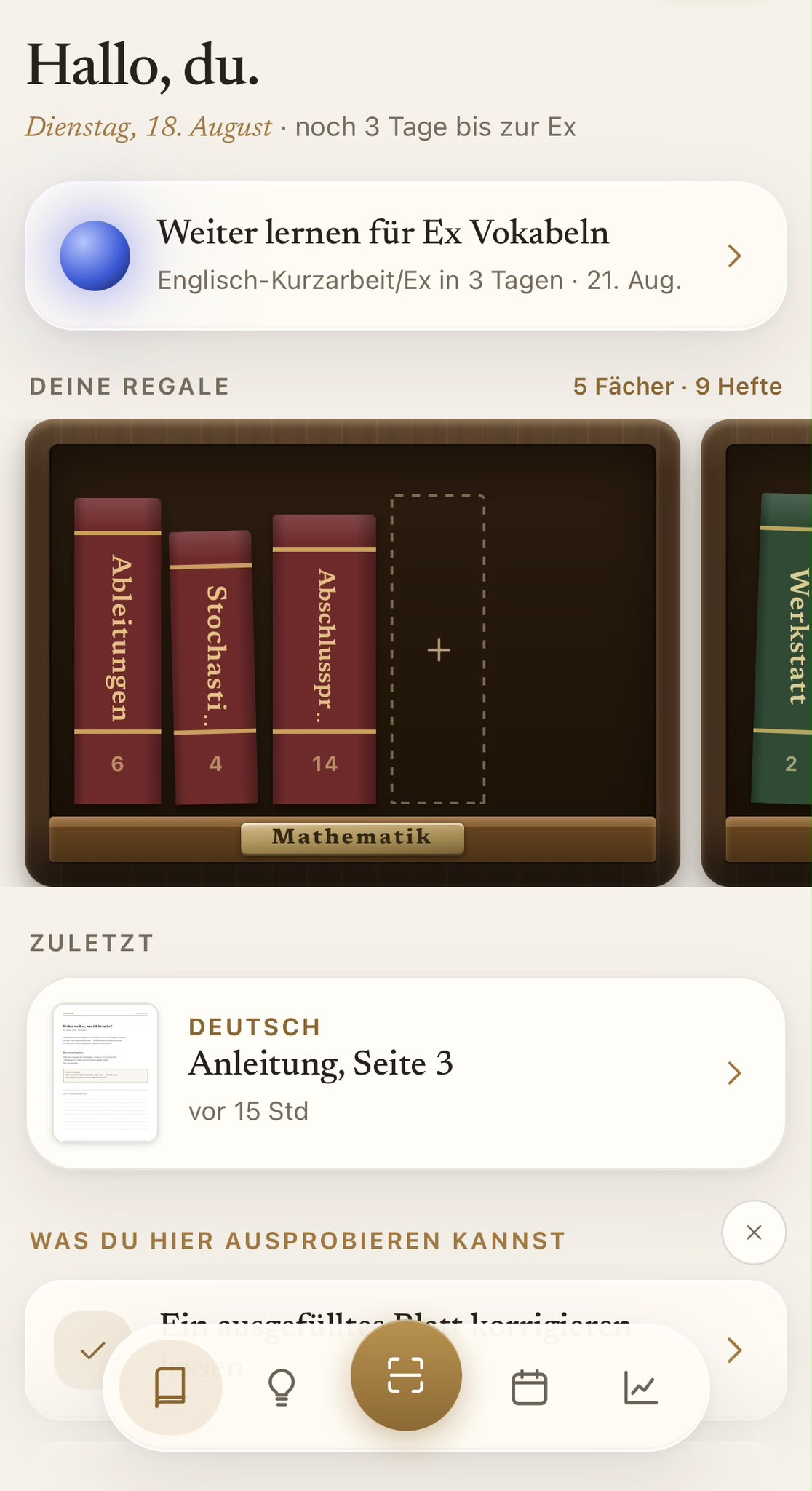 Handy-Startseite: Weiter-lernen-Karte und Bücherregal nach Fächern