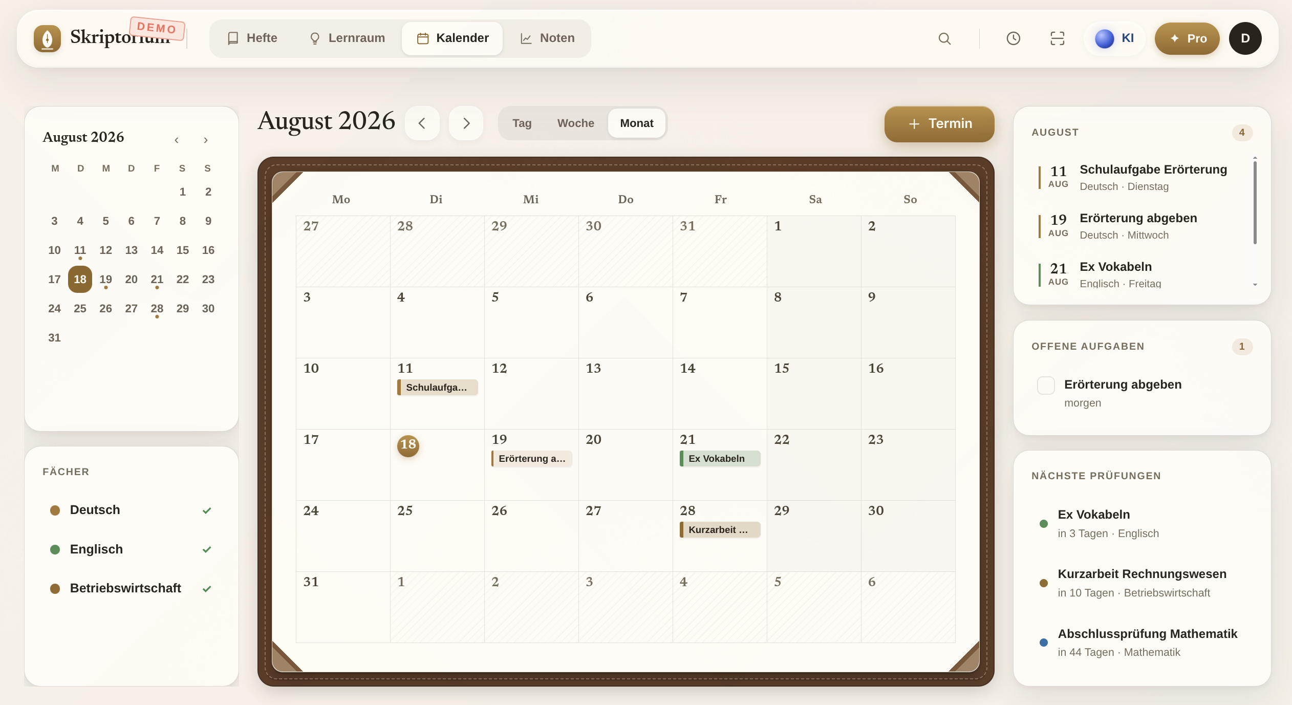 Der Kalender mit Terminen und Prüfungen