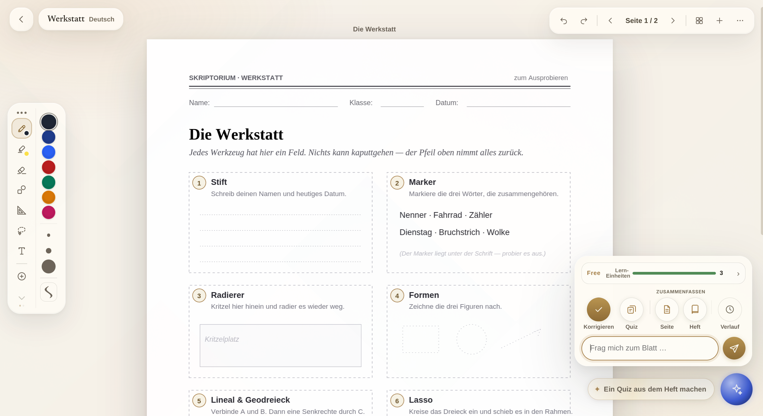 Die Werkstatt: ein Übungsblatt mit Werkzeugleiste, Farben und KI-Palette